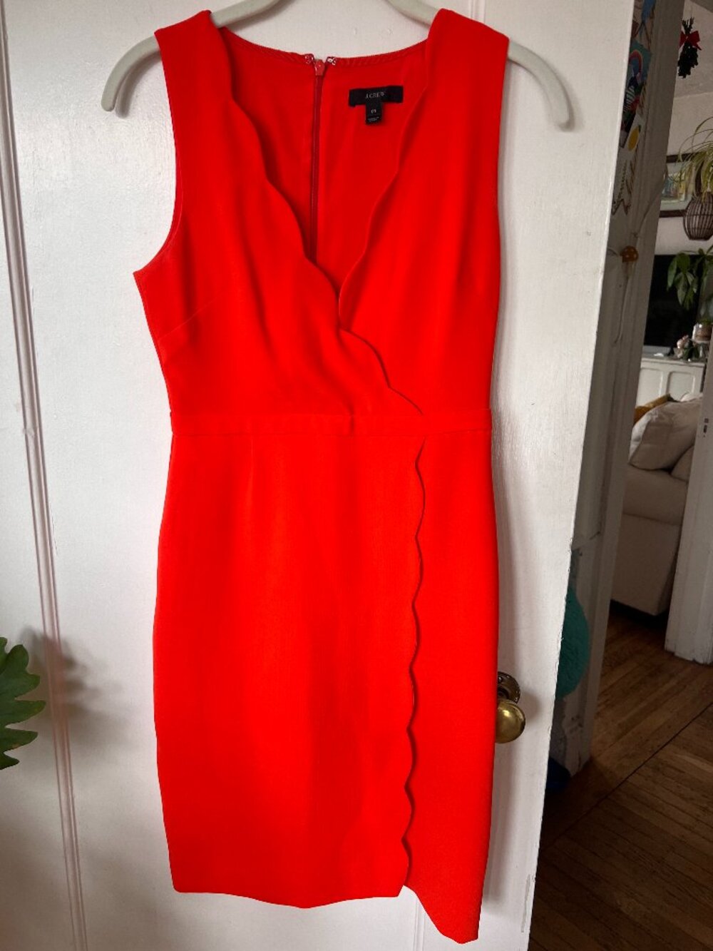 J crew bright orange scallop mini dress with faux wrap